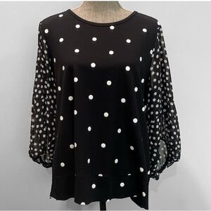 La Bella Black & White Polka Dot Blouse Size XL Sheer Sleeve Top